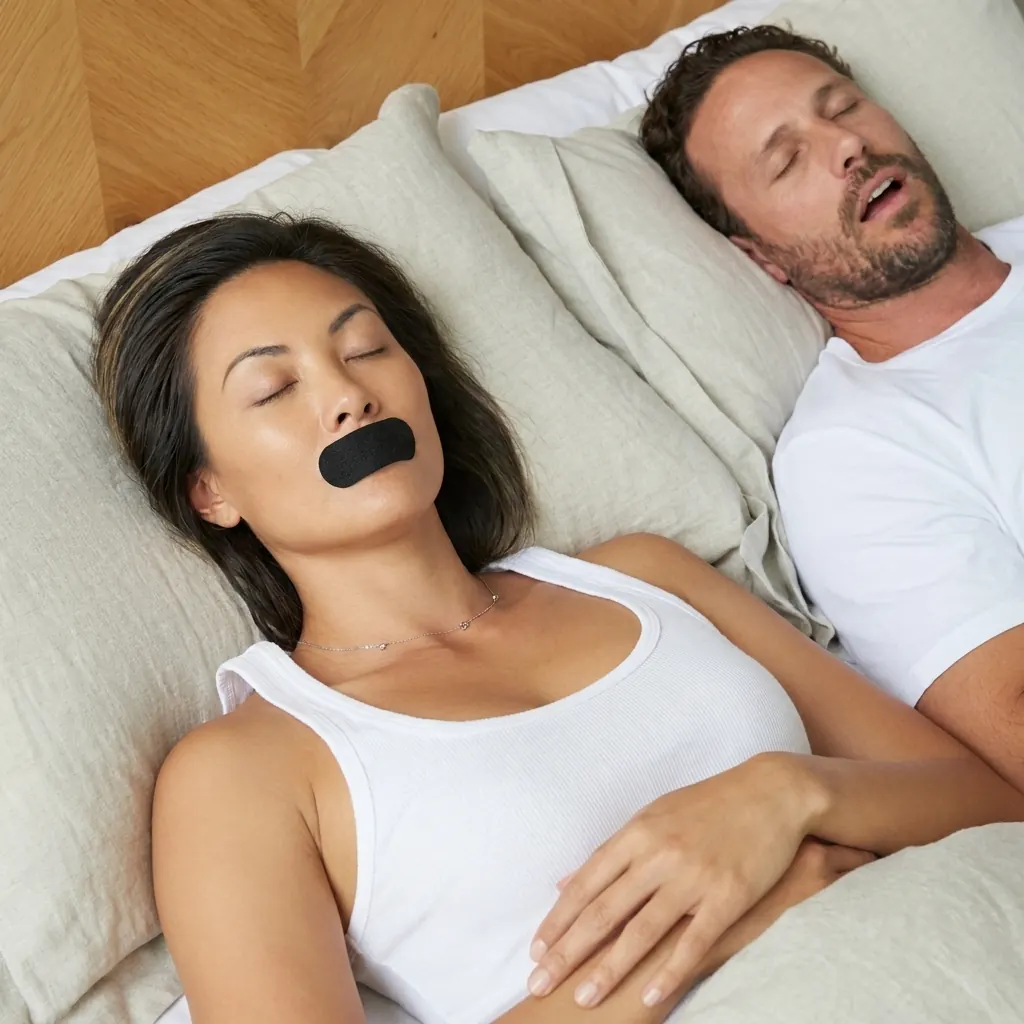 Couple sleeping with EasyBreath mouth tape for sleep
