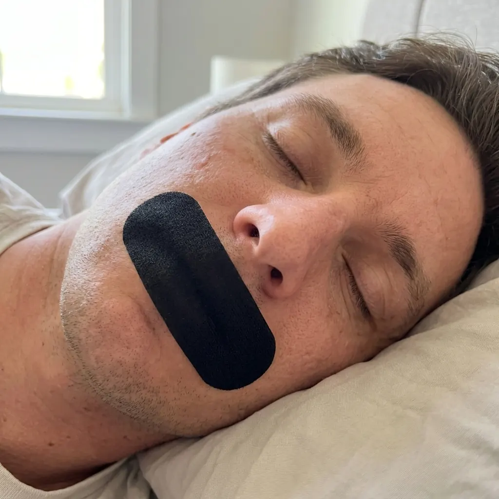 Nasal breathing tape — side view of EasyBreath in use